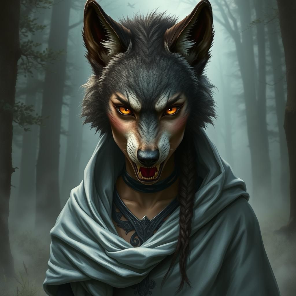 Hybrid Woman with Wolf Features in Dark Futurism Style