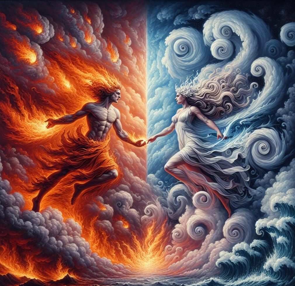 Elemental Deities Clash in Detailed Oil Painting