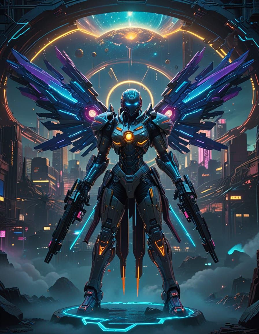 Cinematic Cyberpunk Masterpiece with Mech and Neon Cityscape