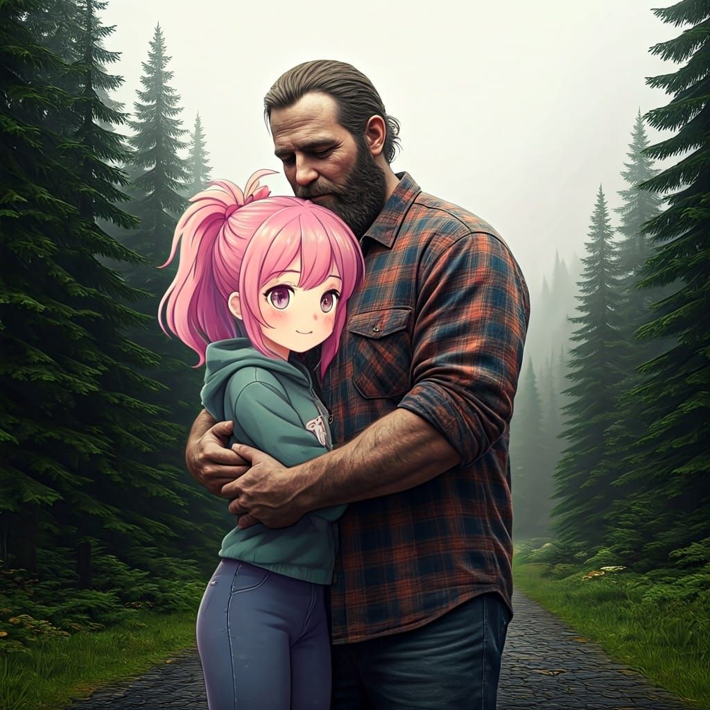 Lumberjack and Anime Girl Embrace in Dreamy Landscape