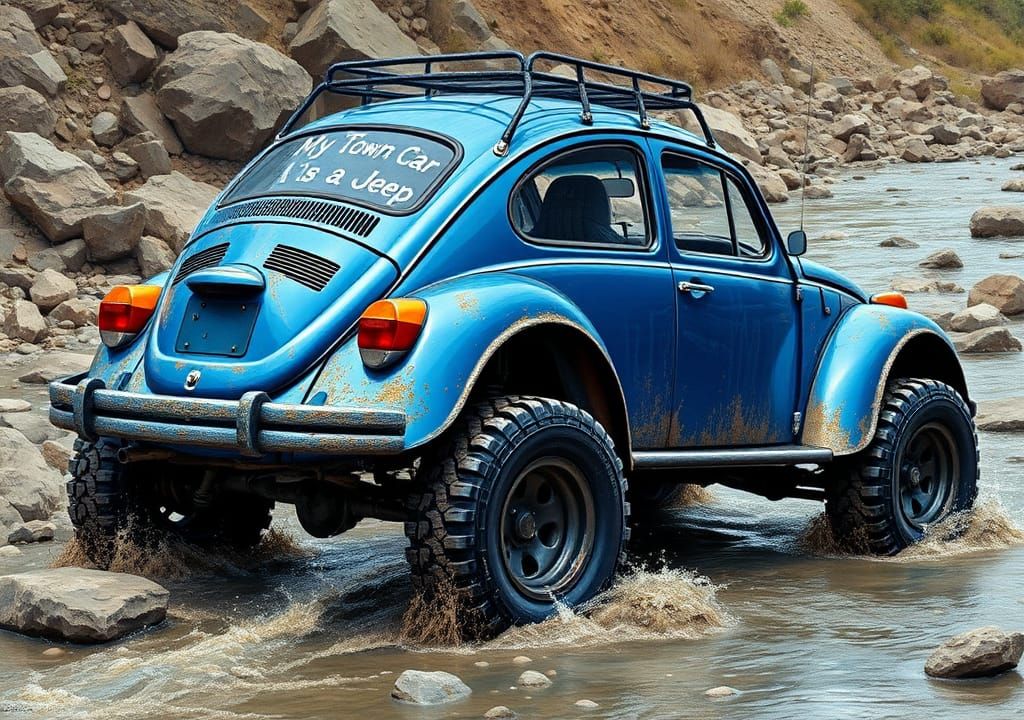 Rugged Off-Road Beetle Powers Through River, Impasto Style