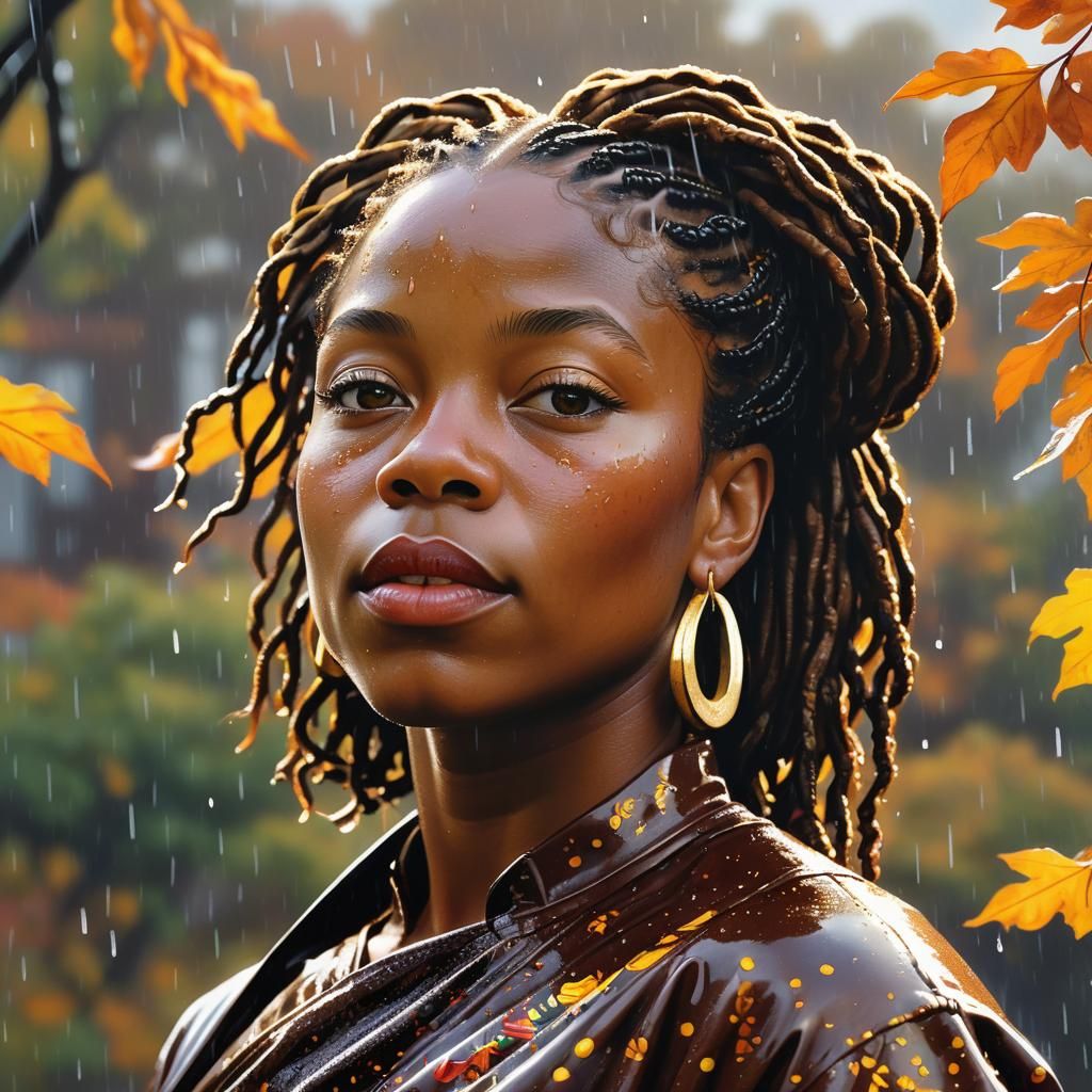 Black Woman in Rain, Contemporary Realism Portrait