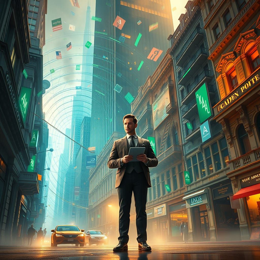 Savvy Investor Surrounded by Swirling Stocks in Buenos Aires