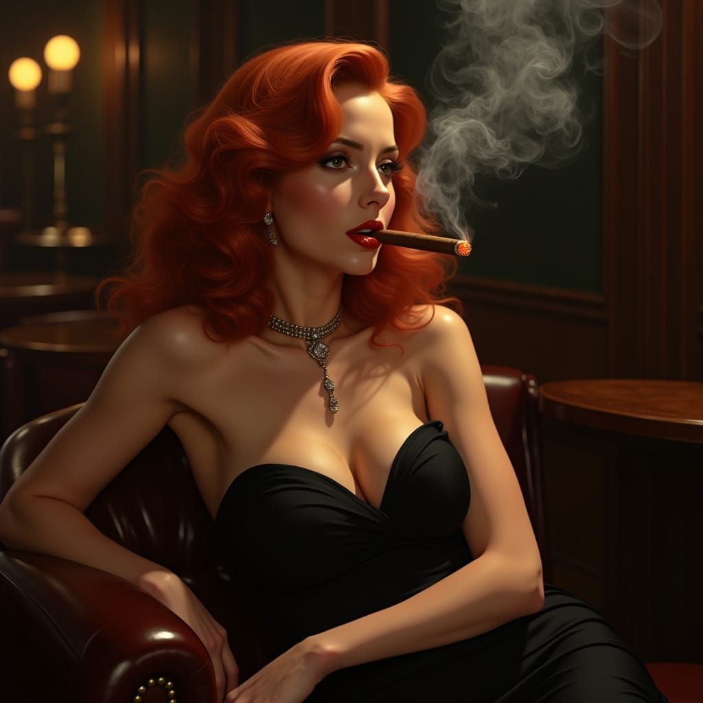 Sultry Redhead Siren Puffs on a Classic Cigar in Pulp Art St...