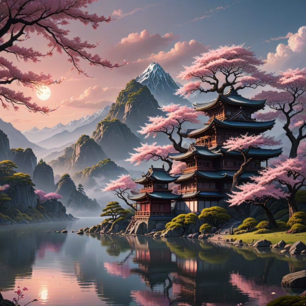 Epic Fantasy Sakura Tree Overlooking Tranquil Lake