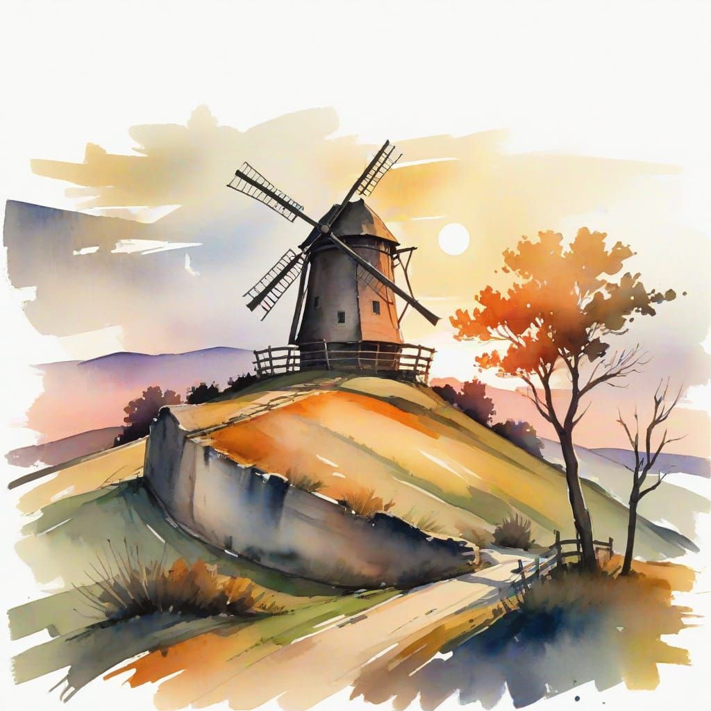 Expressionist Windmill at Sunset with Stark Outlines