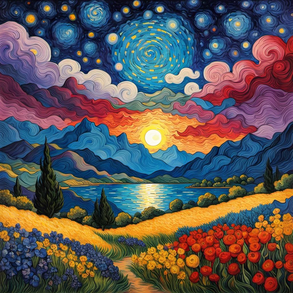 Starry Night Sky with Oak Tree in Van Gogh Style