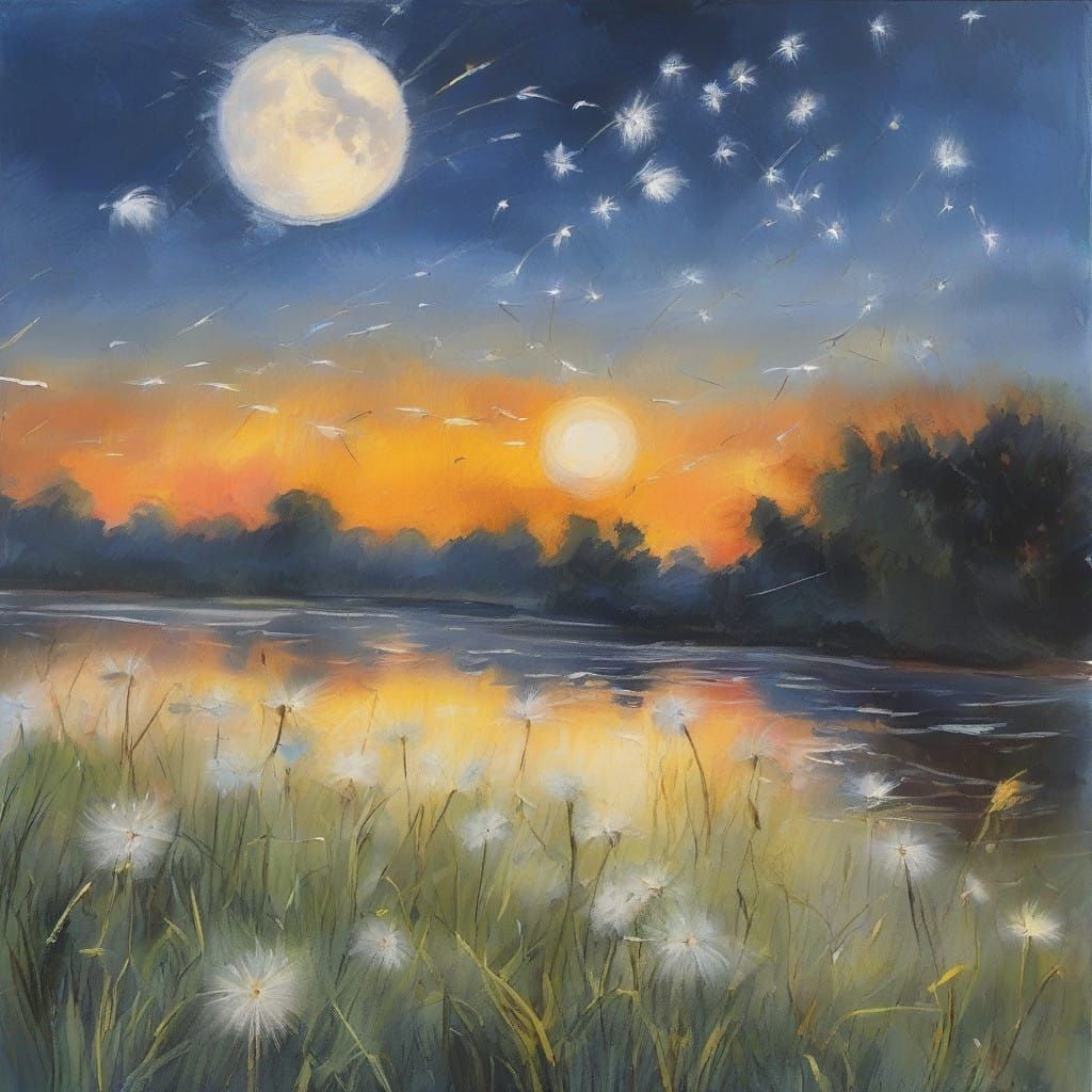 Dandelion Seeds Drift Across a Serene Blue Evening Sky