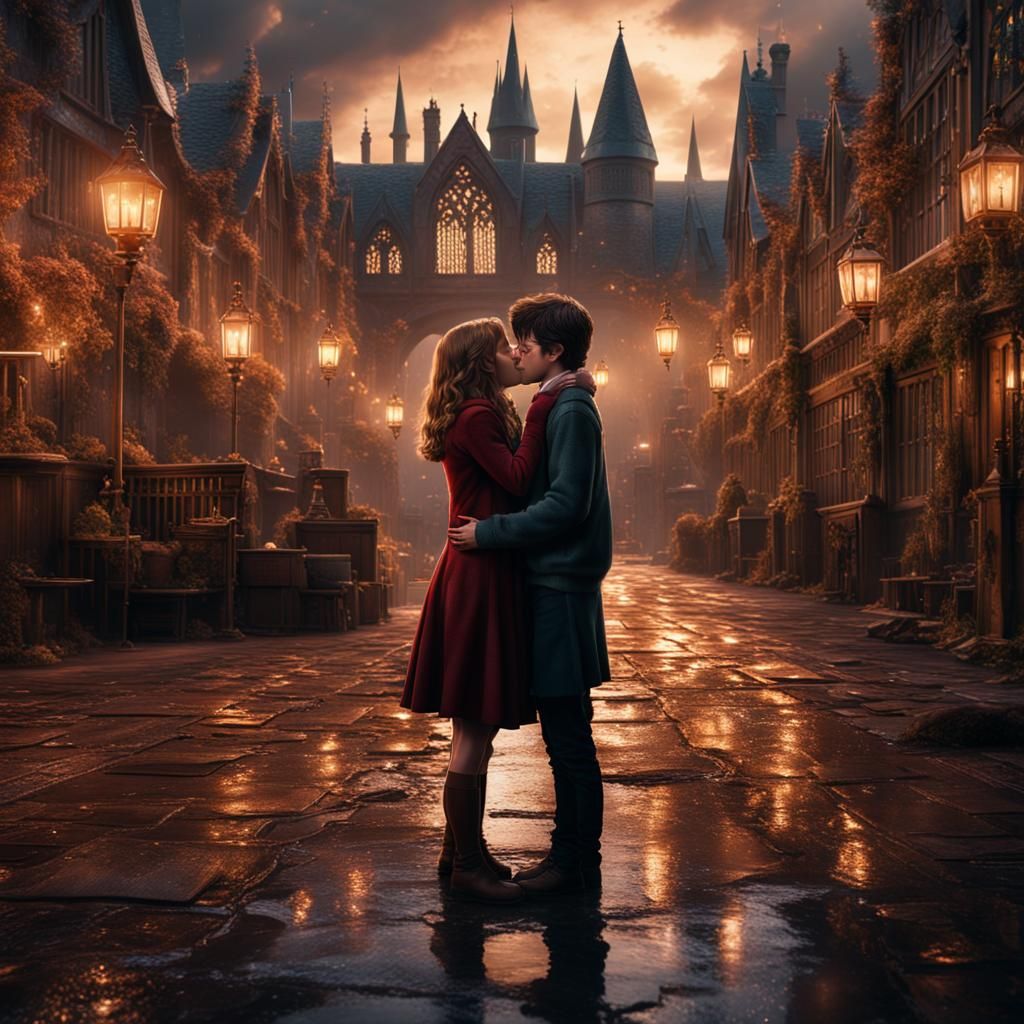 Harry Potter and Hermione Granger Kissing: Fantasy Art