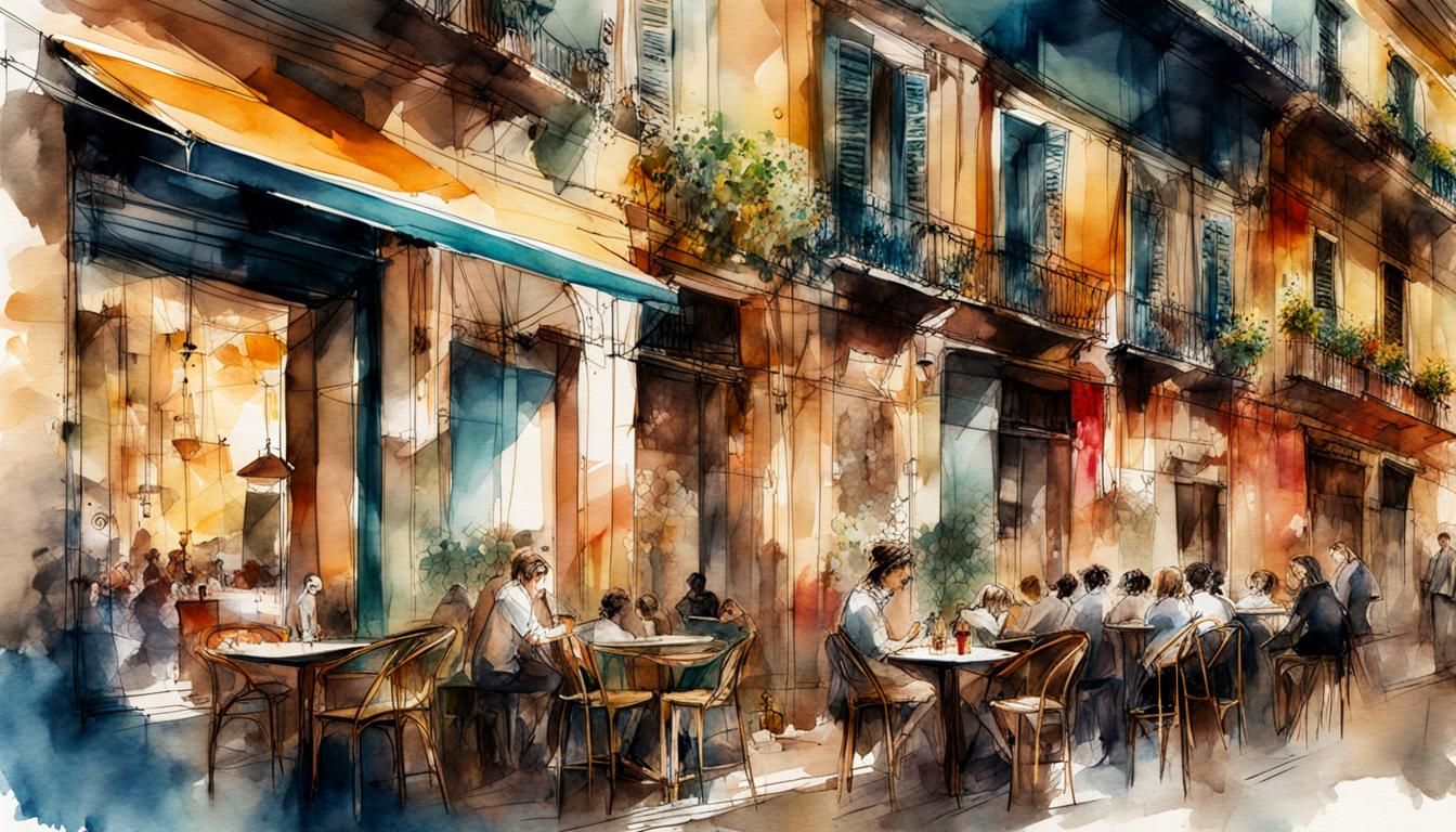 Cafe Scene in Naples as Digital Watercolor