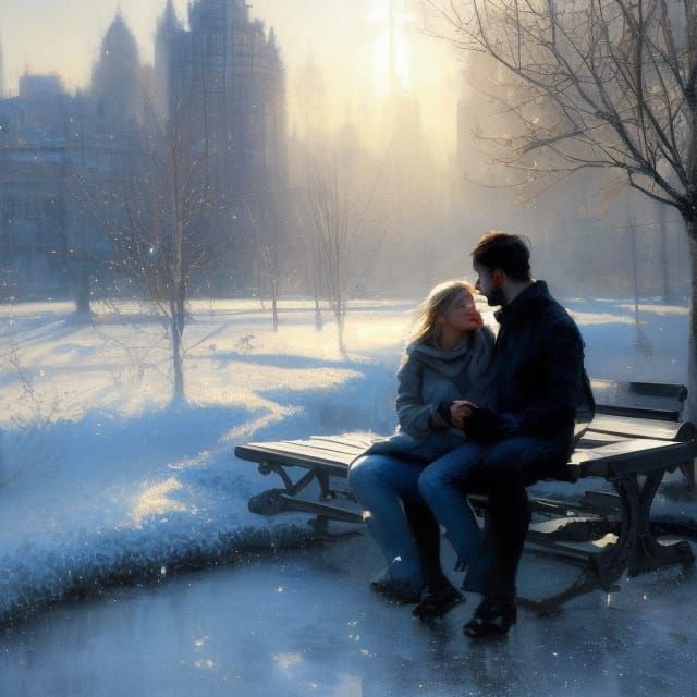 Couple's Snowy Bench: A Gouache Winter Scene