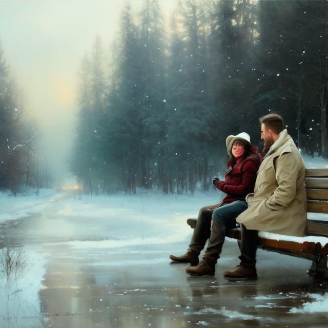 Couple's Snowy Park Bench Moment in Gouache Style