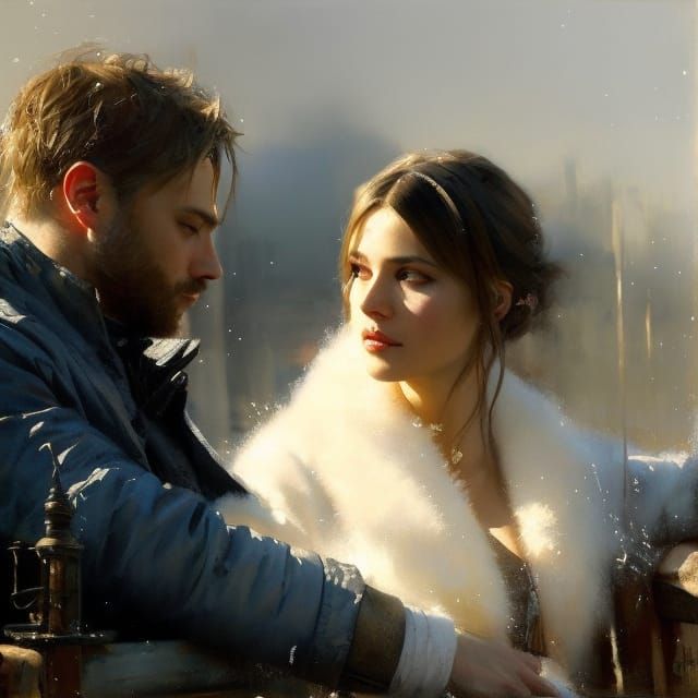 Winter Park Bench Gouache Painting with Couple