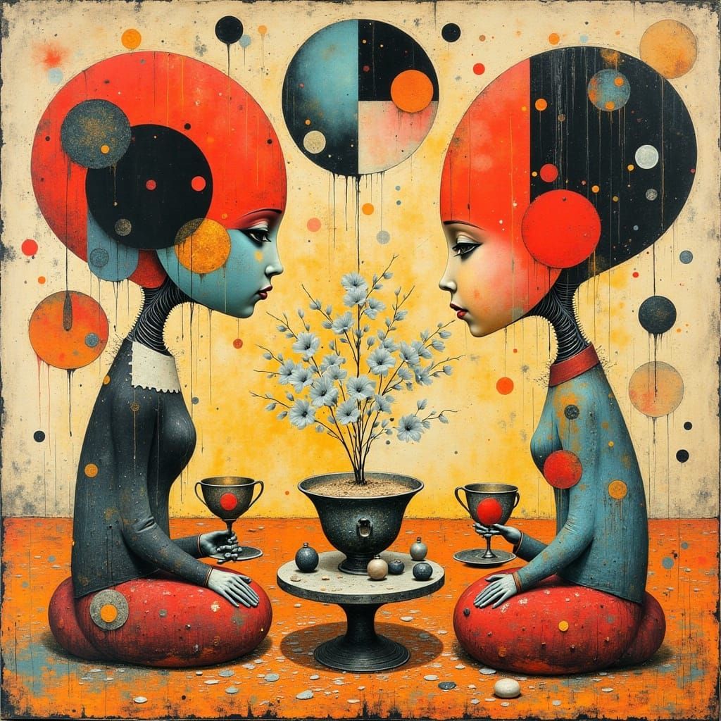 Abstract Robot Tea Ceremony in a Modern Abstract Style