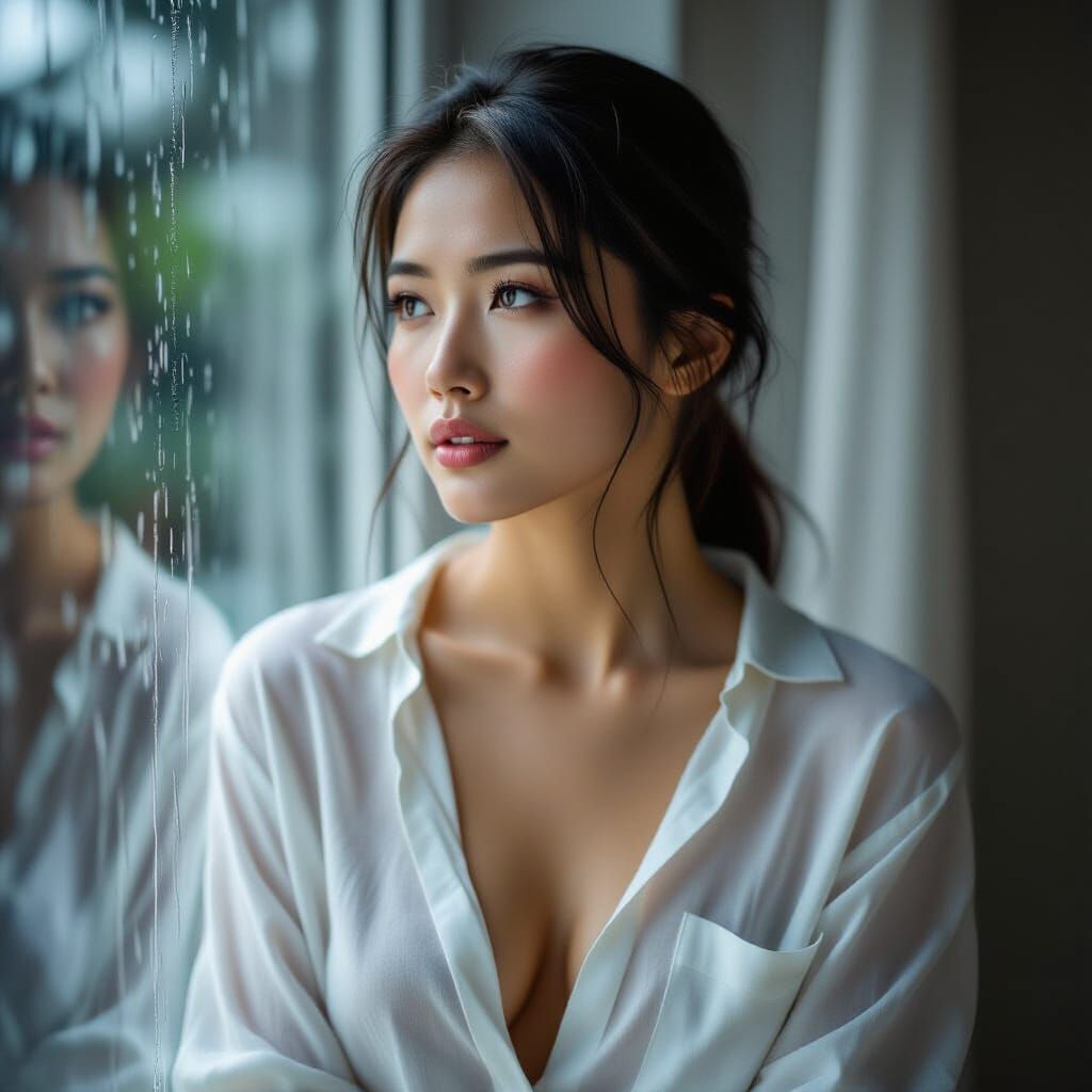 Hyper-Realistic 8K Photo of Woman Near Rain-Streaked Window