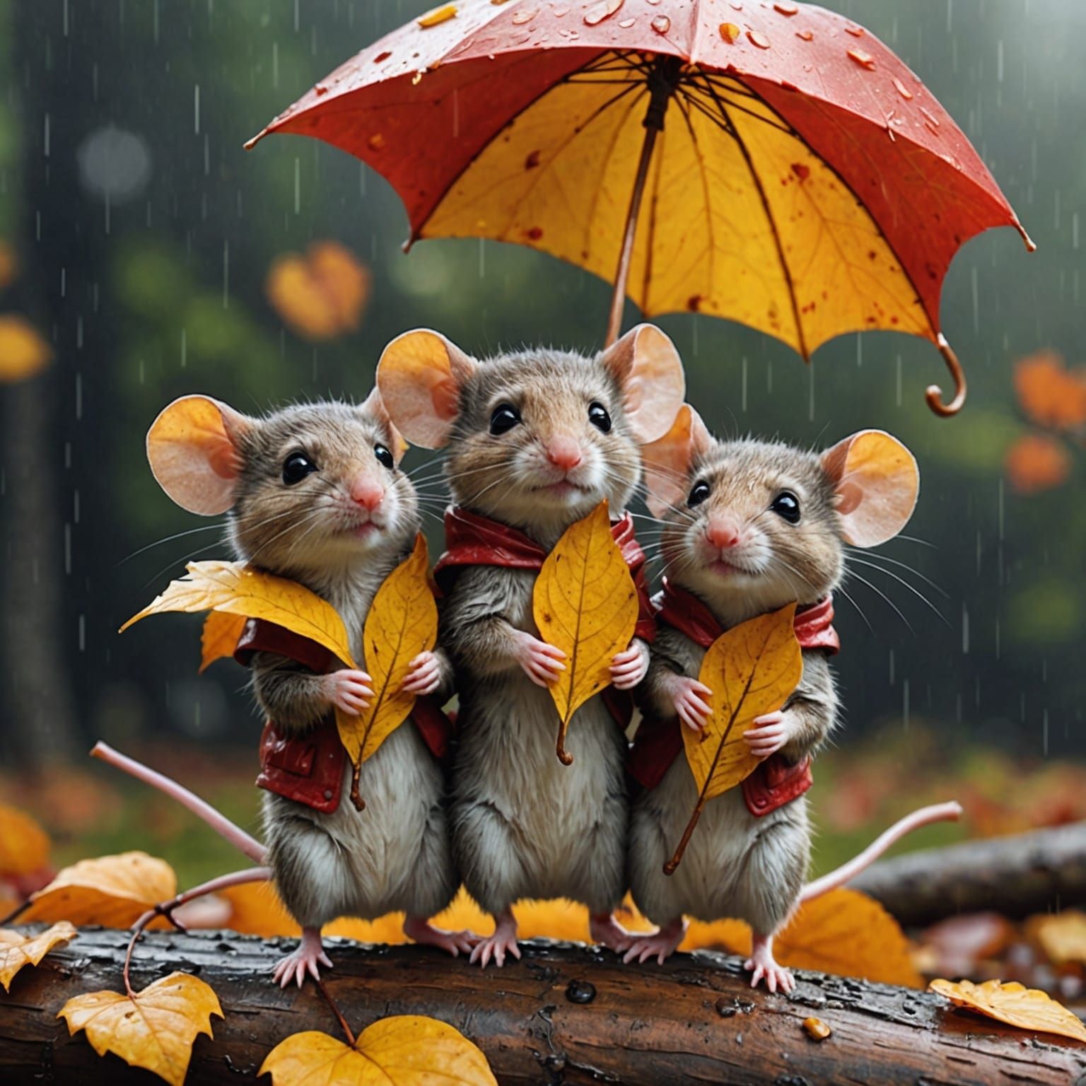Three Cute Mice Shelter from Autumn Rain