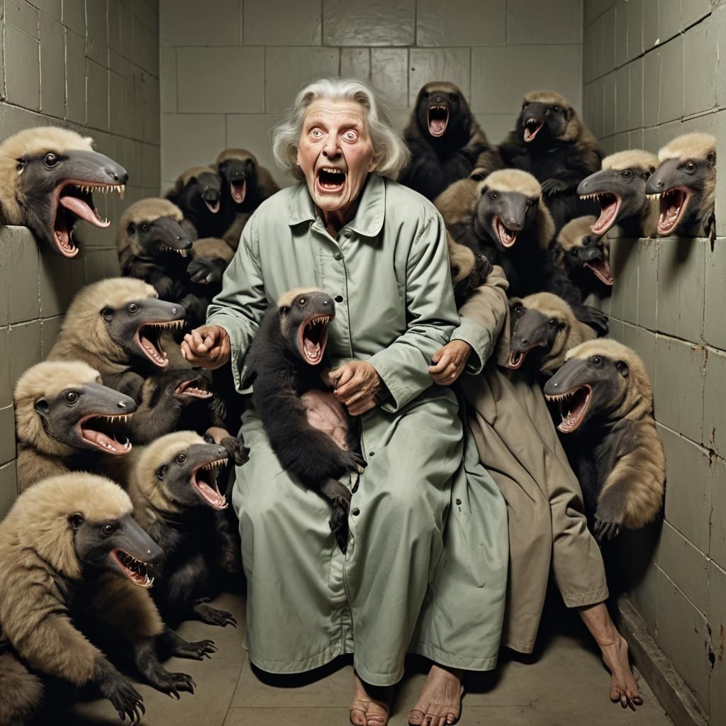 Distressed Woman in Padded Cell with Anteaters