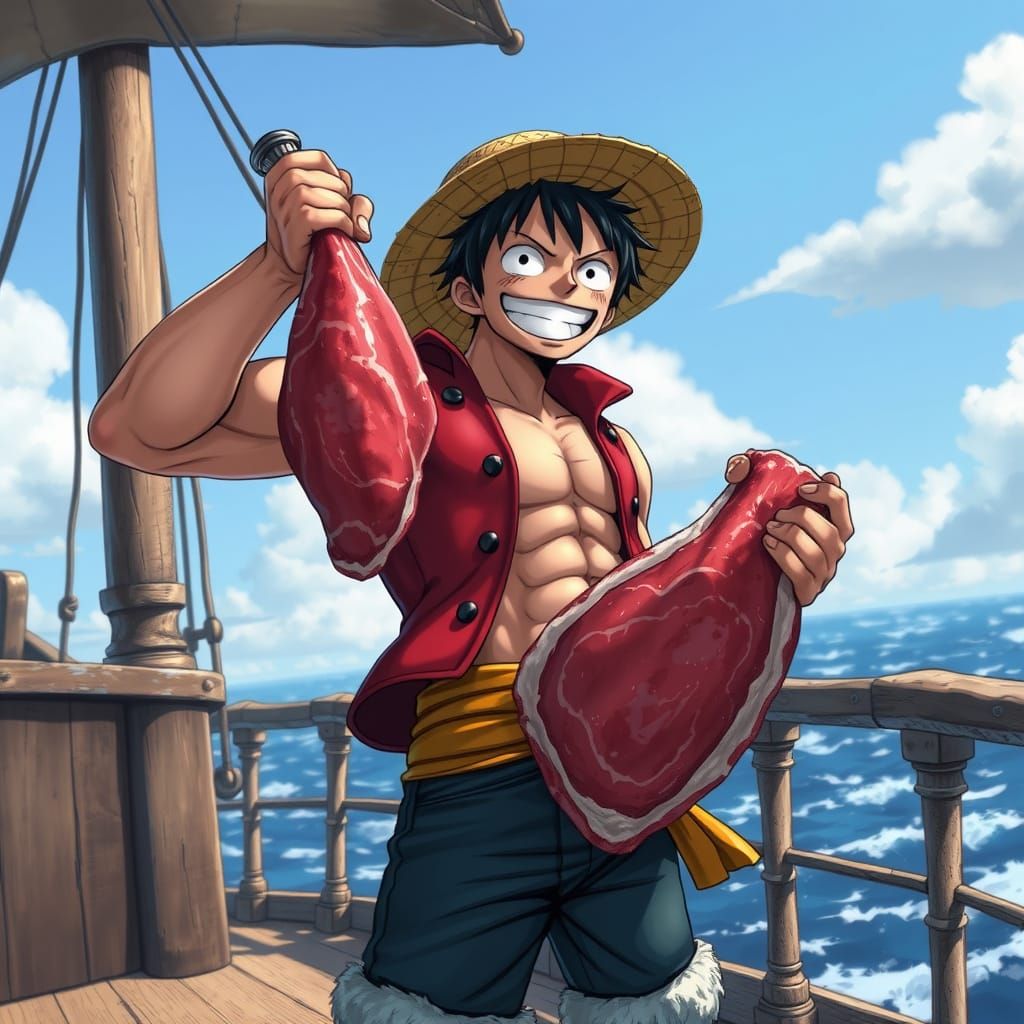 Luffy from One Piece with Meat, Photorealistic Style