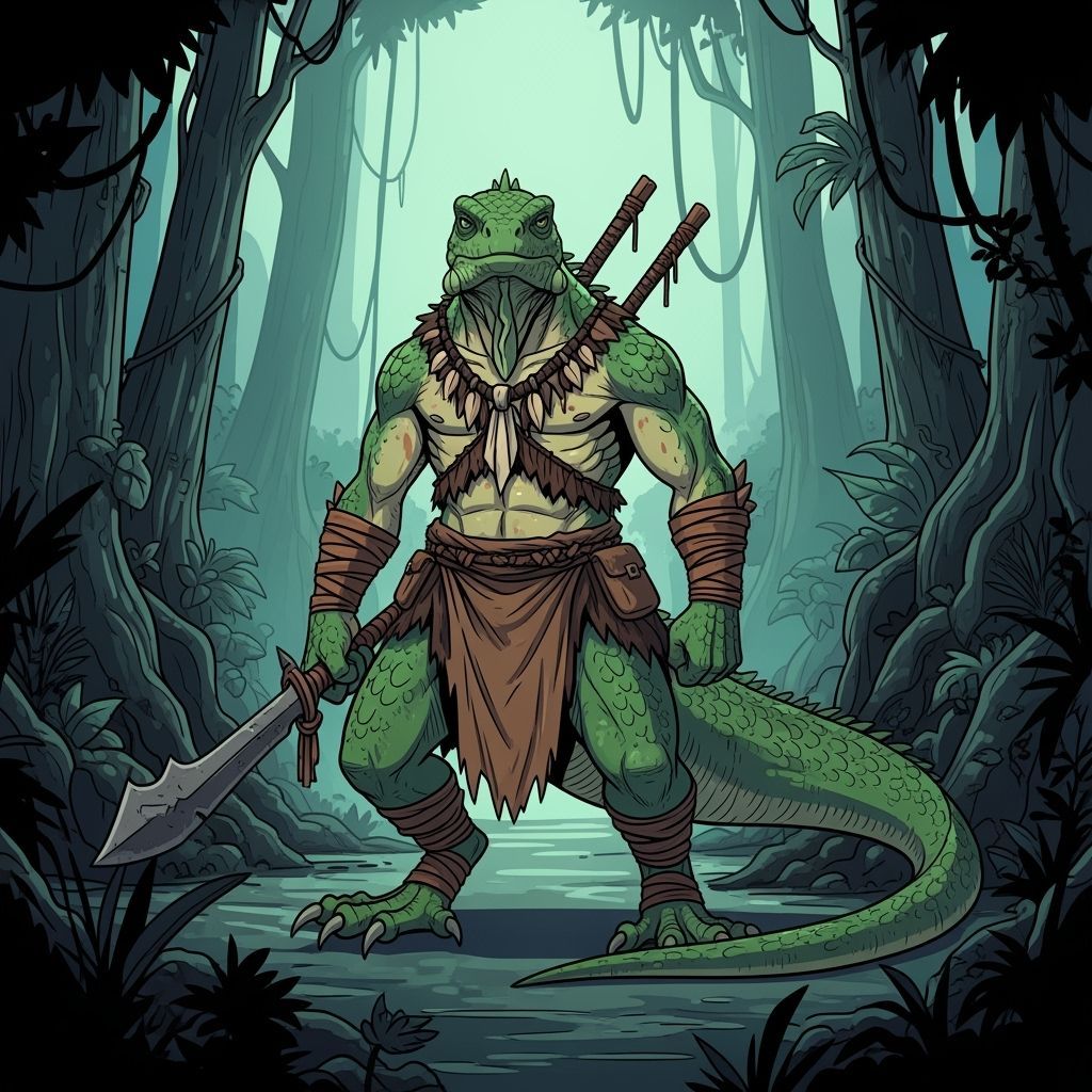 Lizardfolk Warrior in Mystical Jungle, Manga Style
