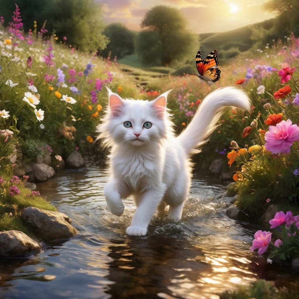 Whimsical Springtime Kitten in a Blooming Meadow