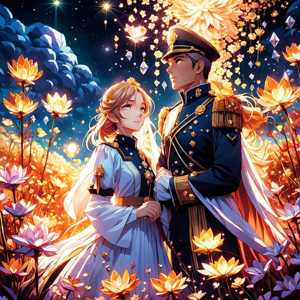 Anime Couple in Crystalline Flower Field