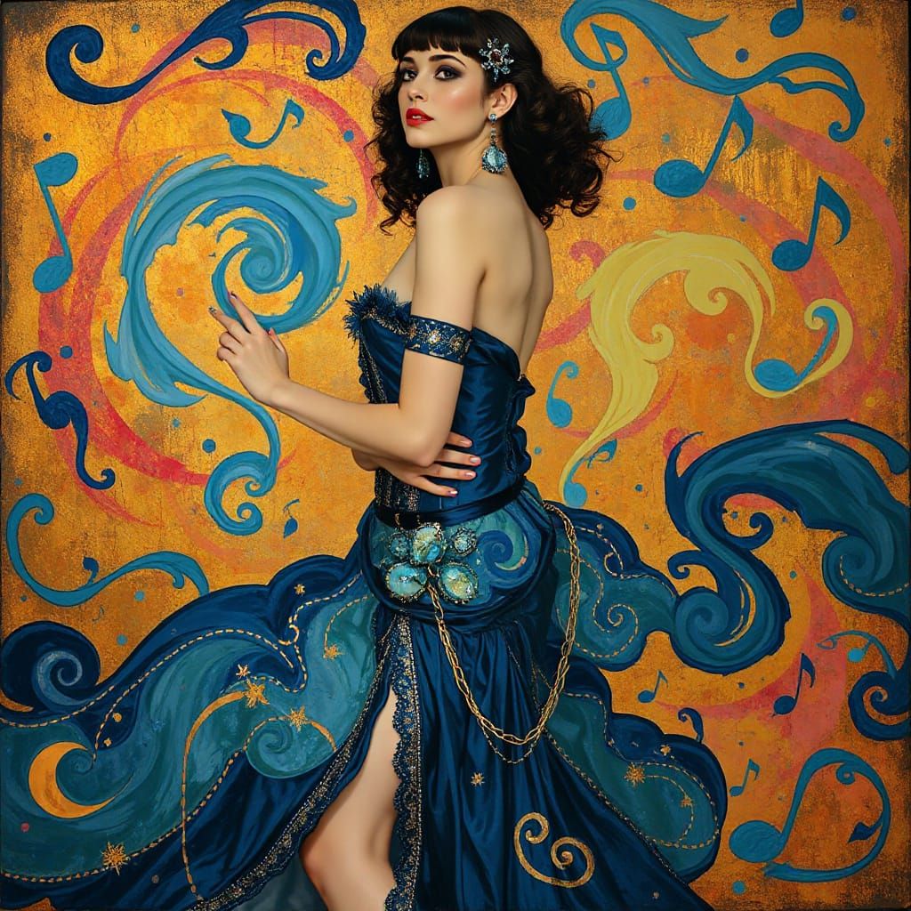 Flapper in Art Nouveau Style with Blue Notes
