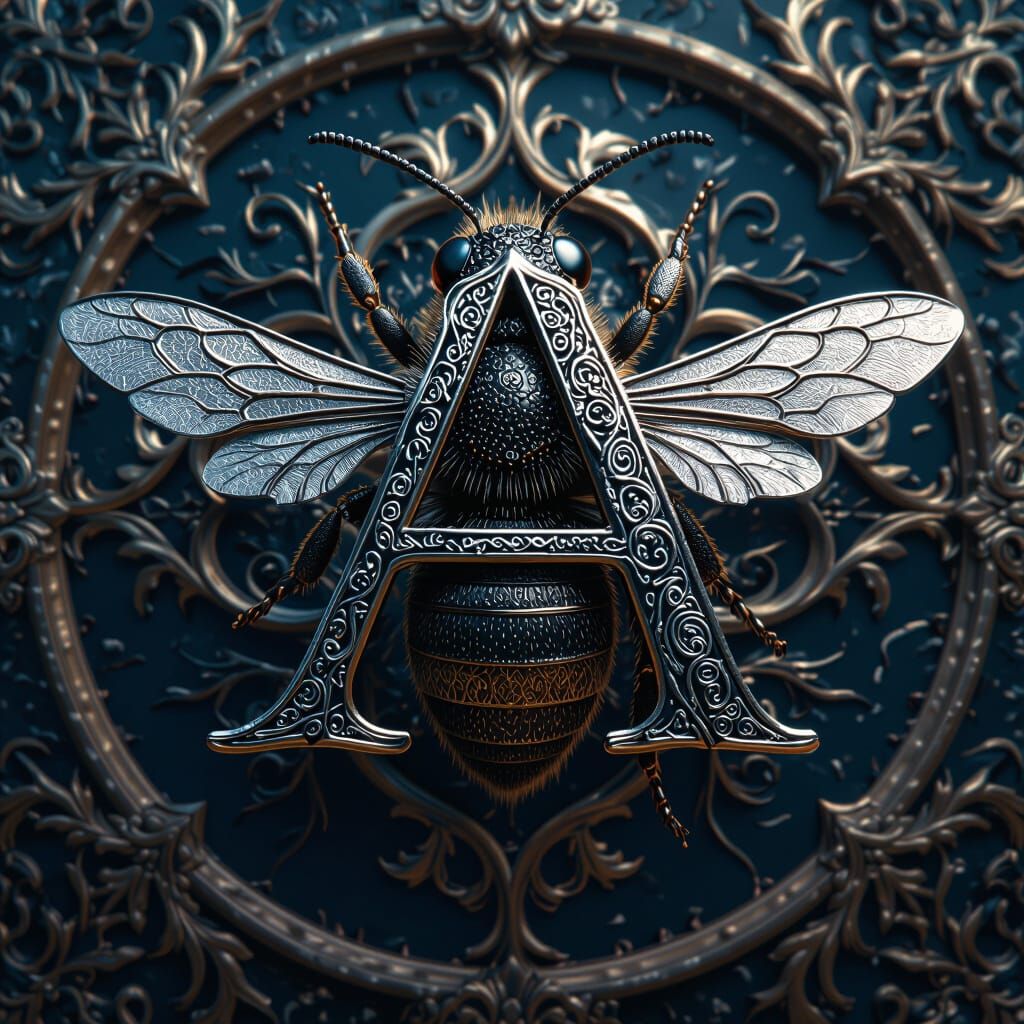 Majestic Dangerous Bee with Silver Letter A, Fantasy Art