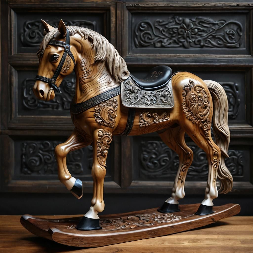 Hyperrealistic Wood Carved Rocking Horse Masterpiece