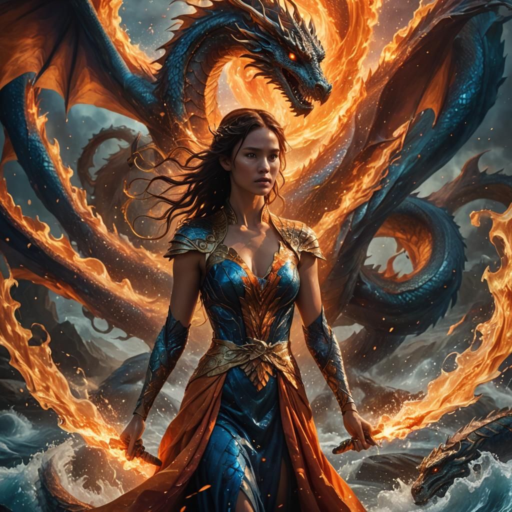 Fantasy Woman with Dragon in Fire and Water