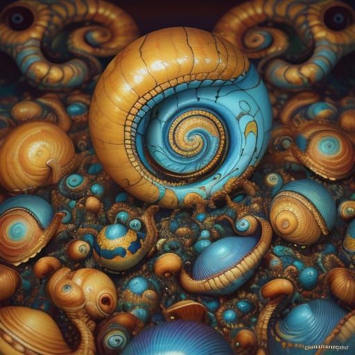 Alien Market with Seven-Headed Snails in Surreal Style