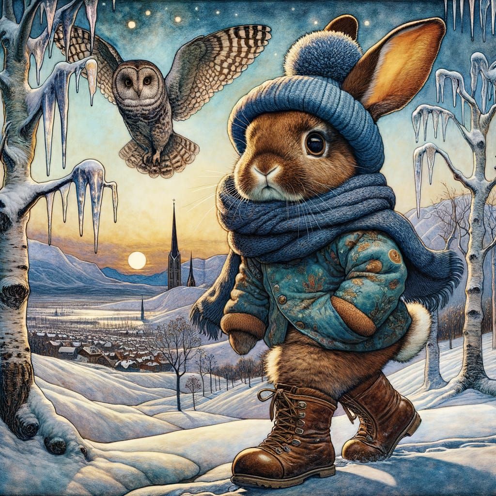 Whimsical Winter Rabbit in Schiele's Style