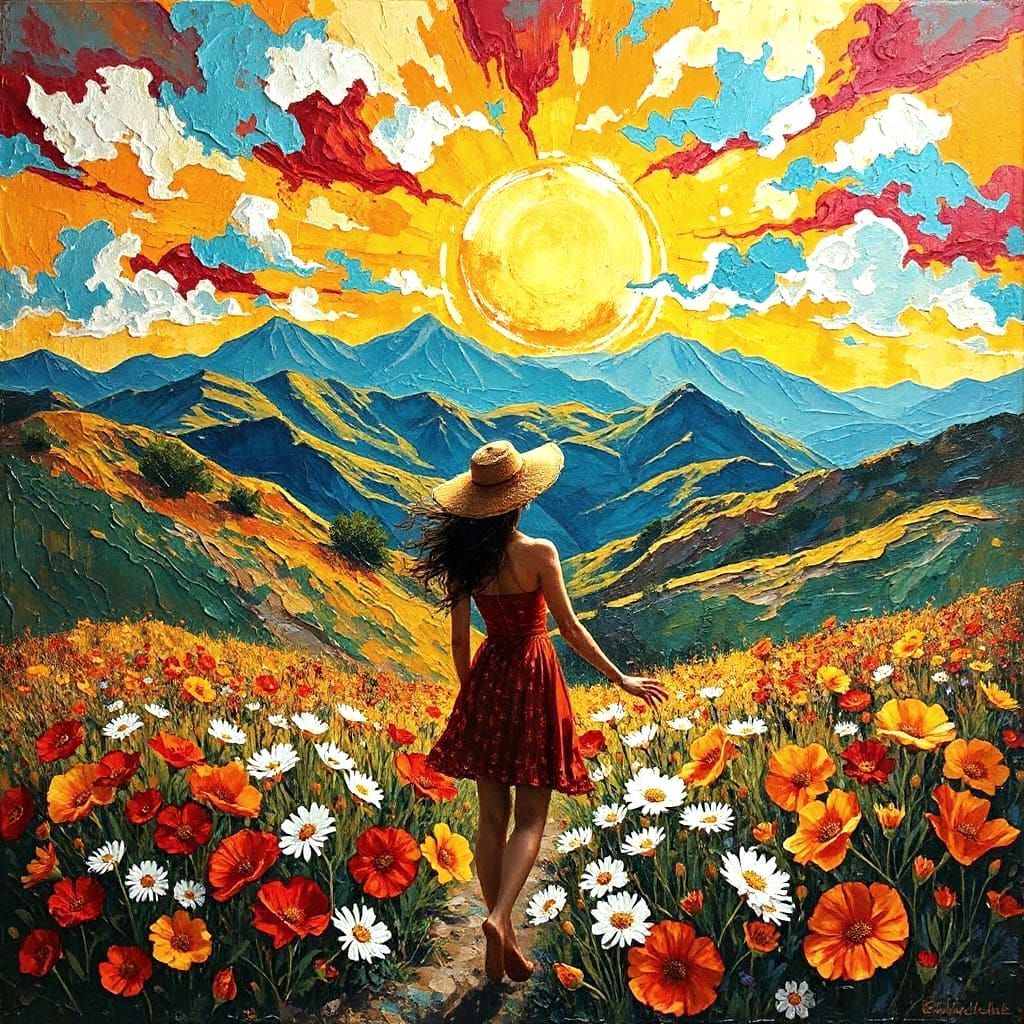 Sunny Landscape with Vibrant Wildflowers in Neo-Expressionis...