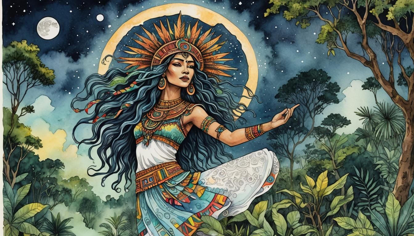 Aztec Moon Goddess in the Night Sky