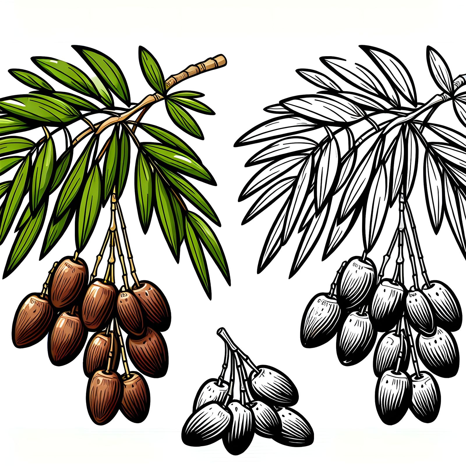 Colorful Vector Illustration of Dangling Dates on a Palm Bra...