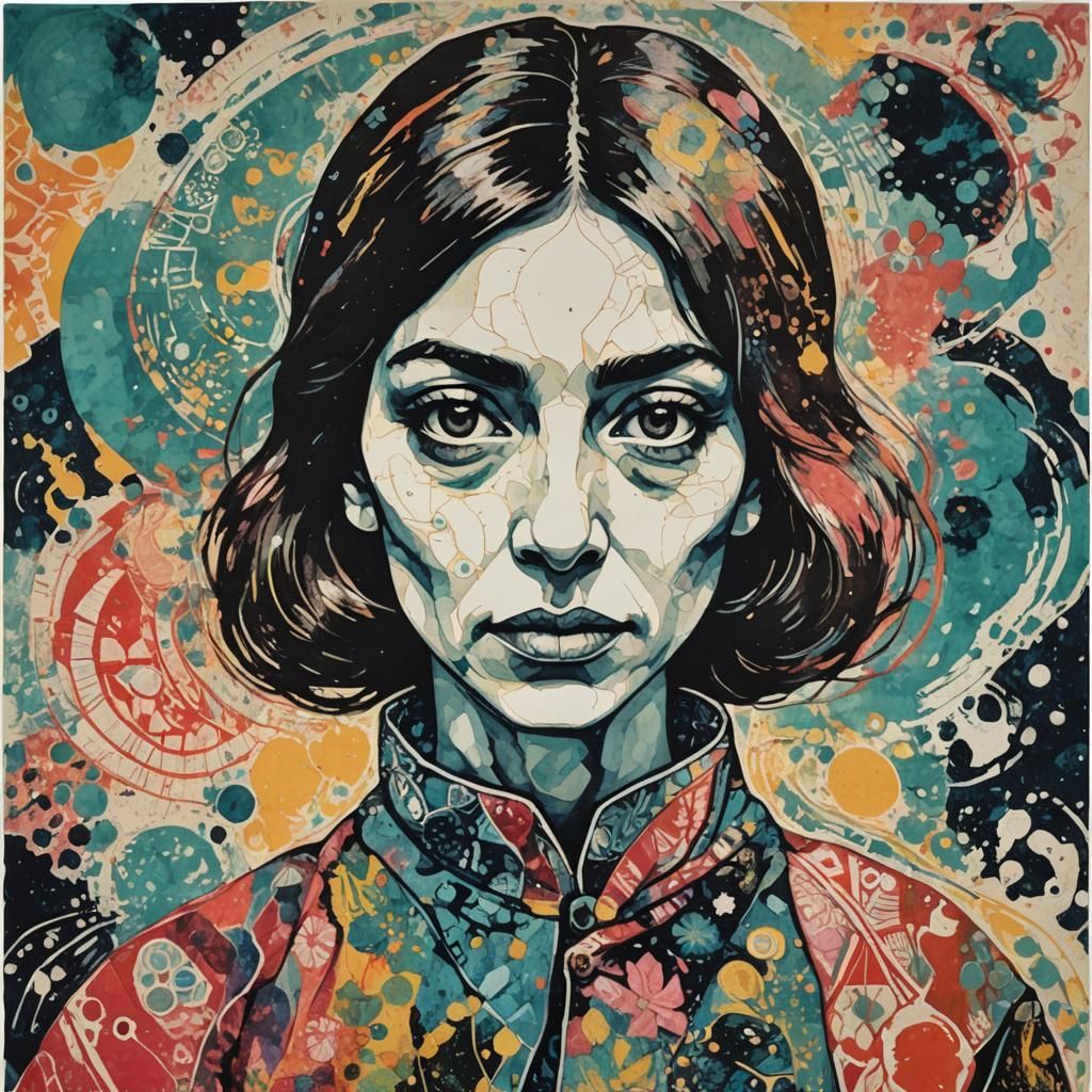 Cosmic Elemental Portrait in Batik Risograph Style