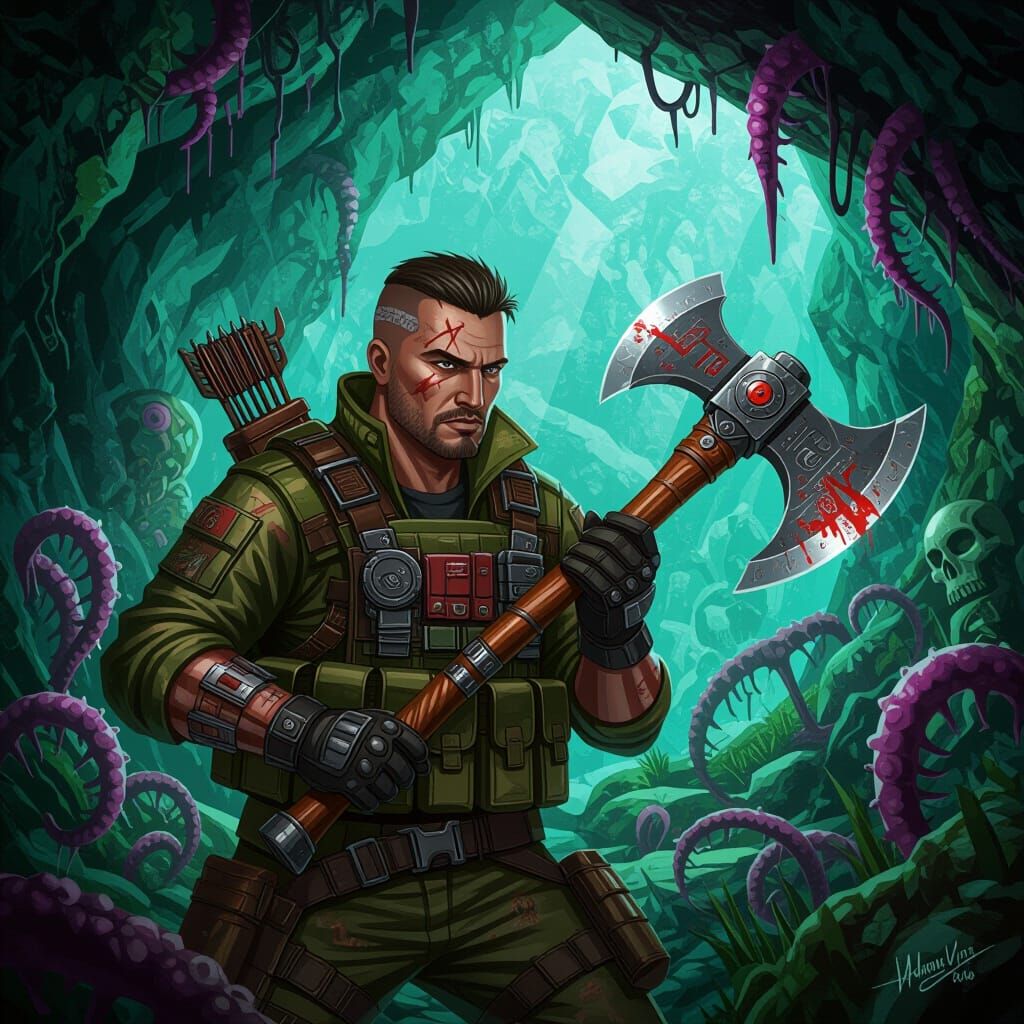 Future Mercenary with Dieselpunk Axe in Bioluminescent Cave