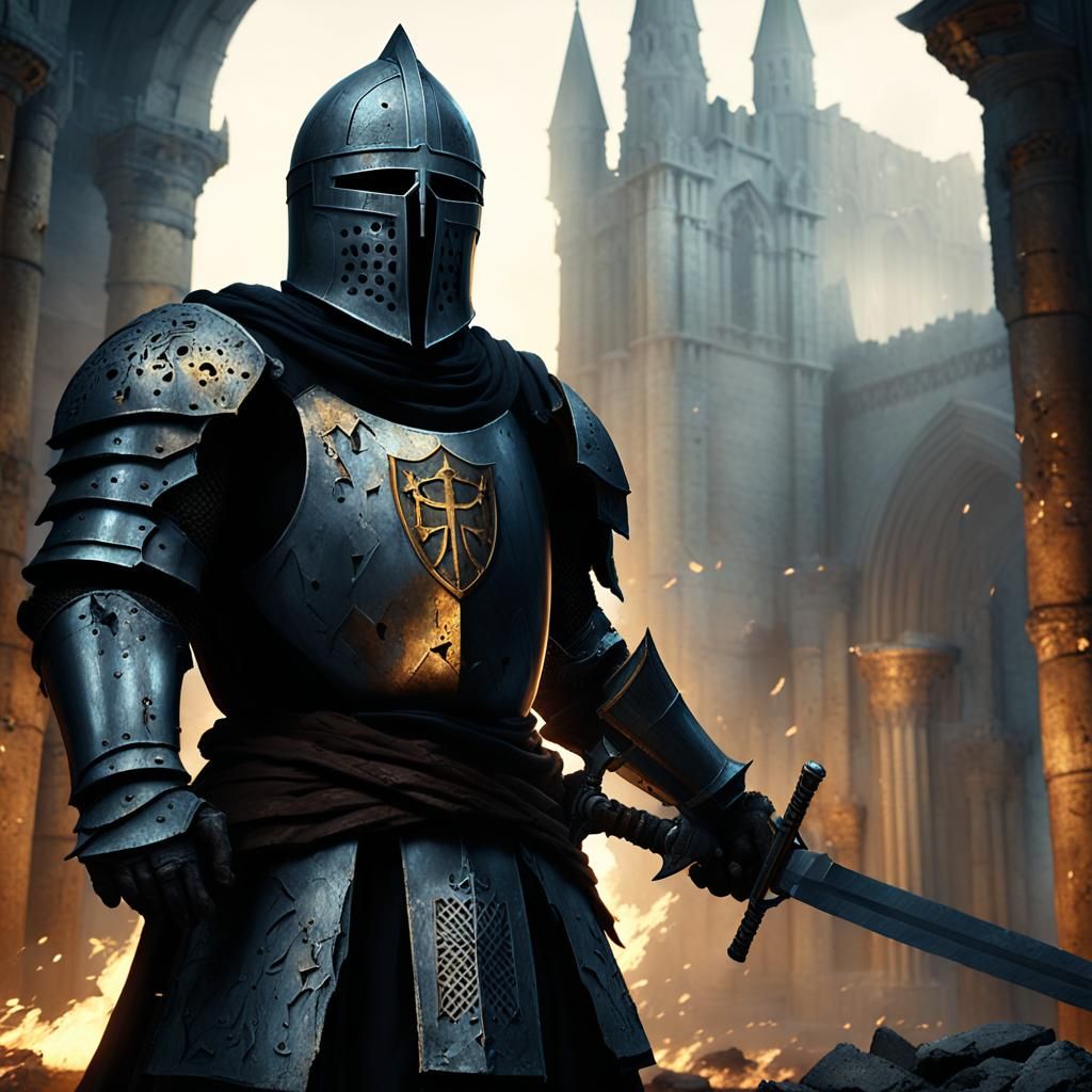 Crusader Knight in Ruined Cathedral as Digital Art