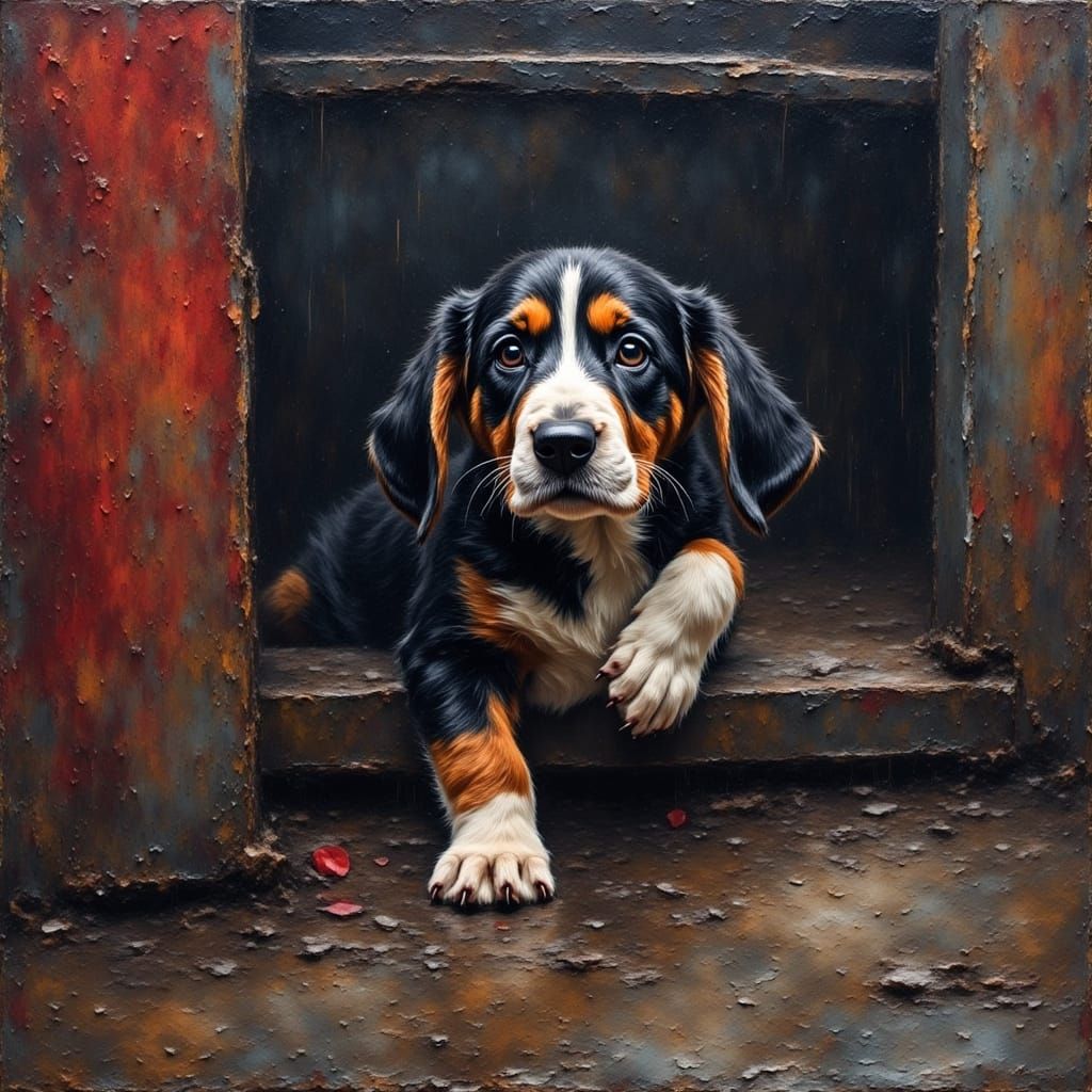 Sad Basset Hound Pup in Grungy Oil Painting Style