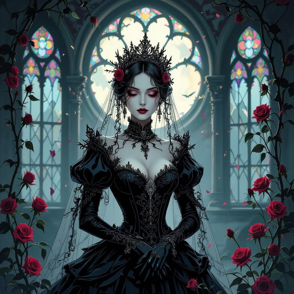 Gothic Queen in Thorny Veil, Dark Fantasy Illustration