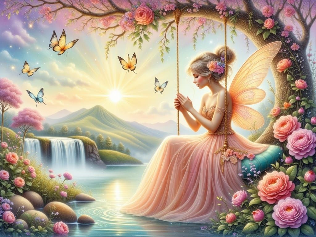 Enchanted Peach Fairy in Whimsical Fantasy Scene