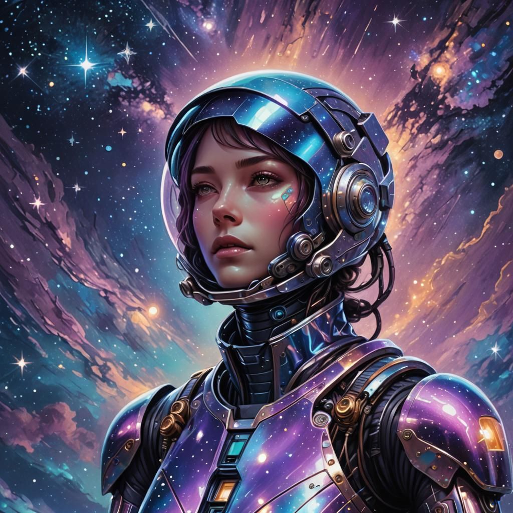 Female Robot Astronaut Under Starry Night Sky