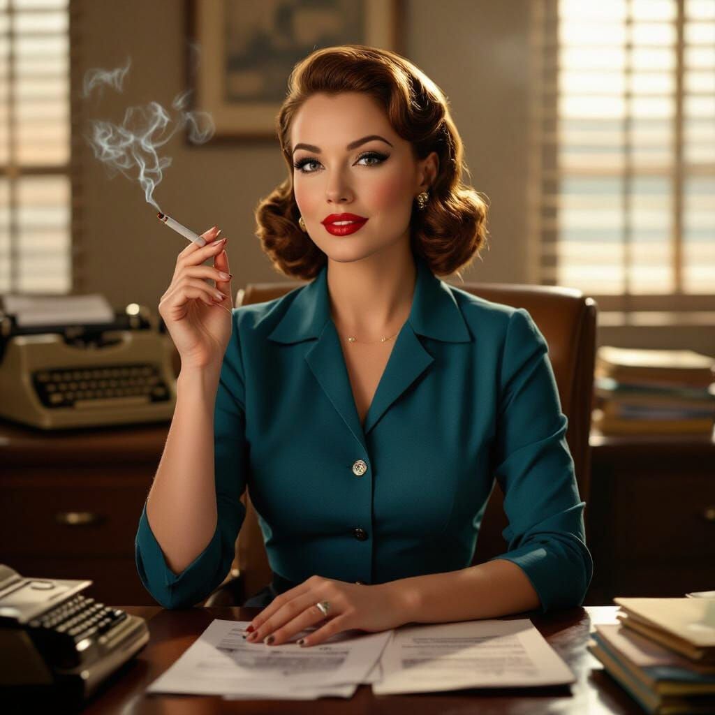 1950s Secretary with Flirty Expression in Retro Office