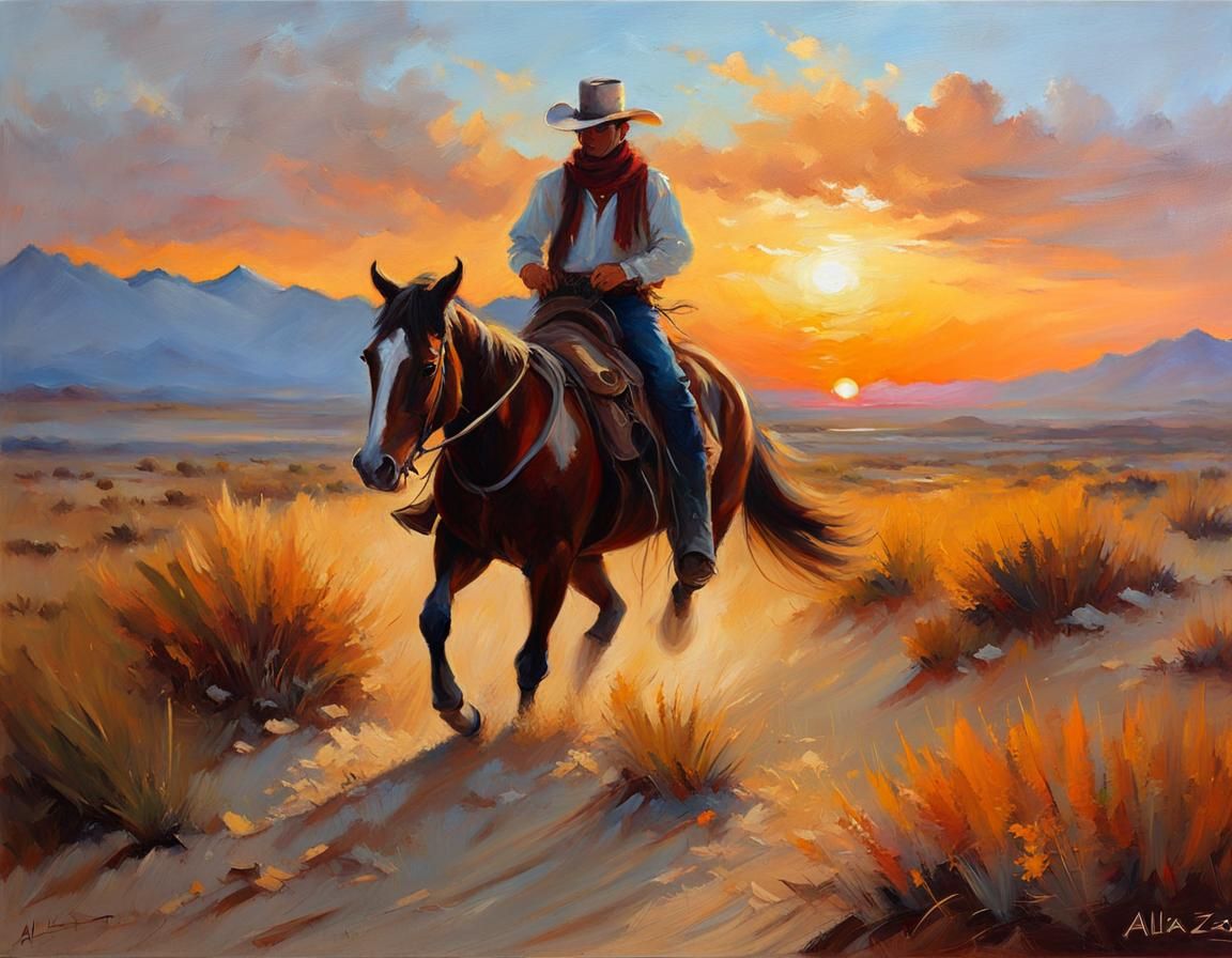 Cowboy Rides into Desert Sunset: Alla Prima Oil