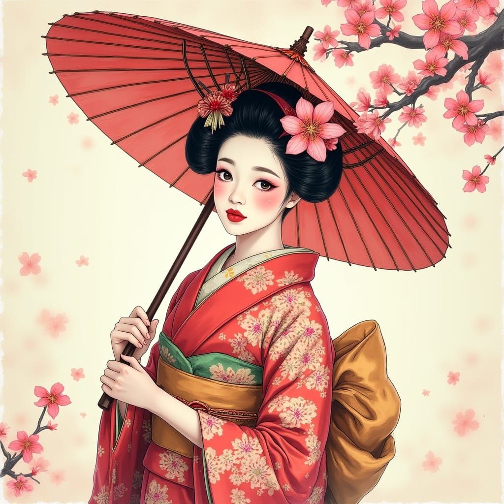 Elegant Geisha with Cherry Blossoms in Watercolor Style
