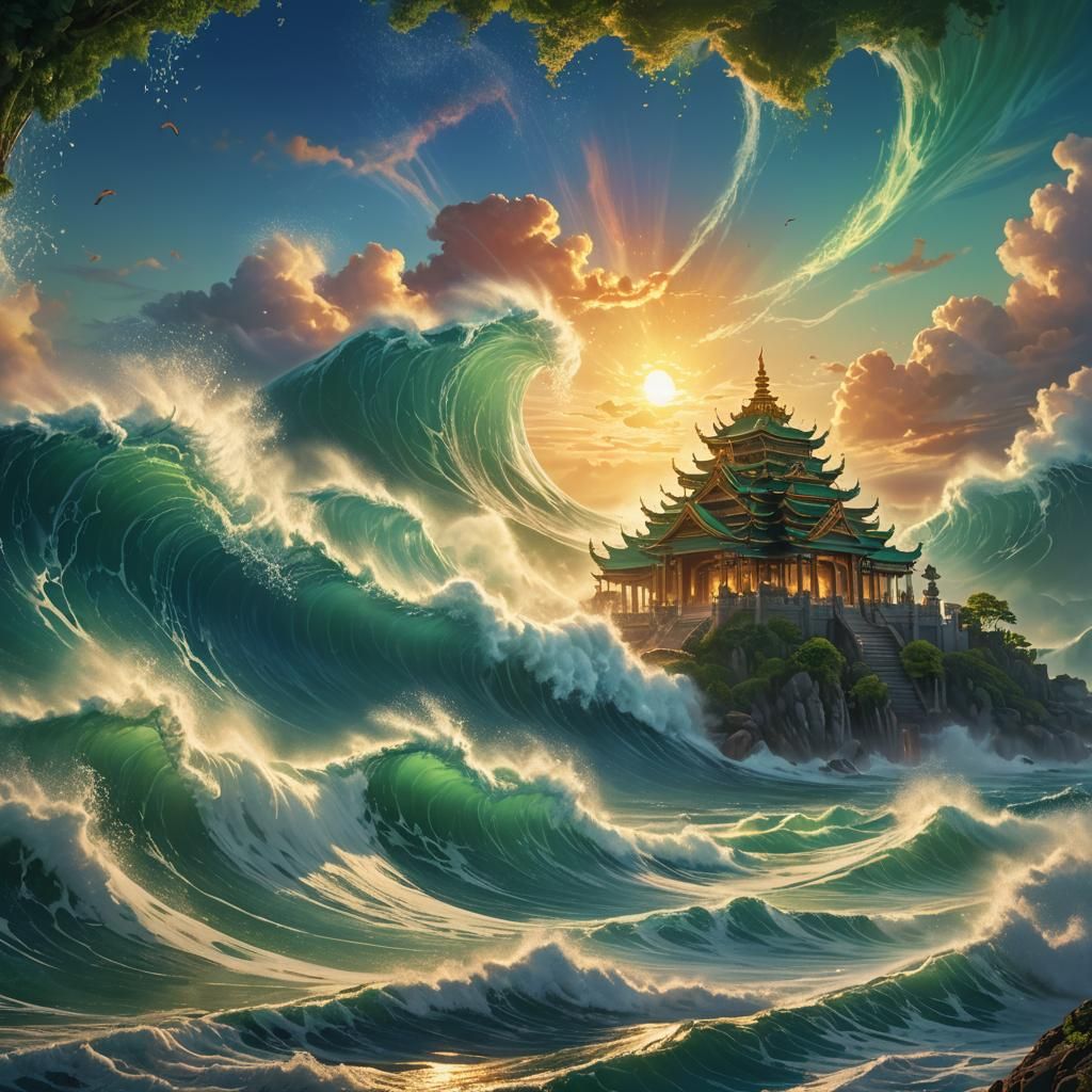 Giant Wave Crashing Over Mystical Island Temple