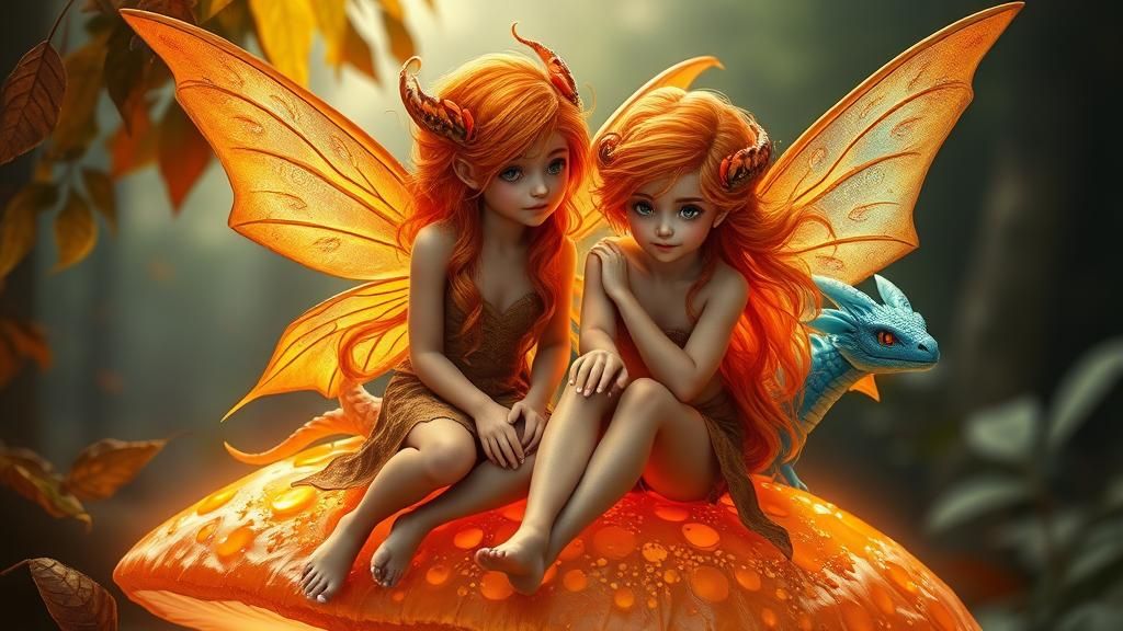Fairies and Dragon on Glowing Mushroom