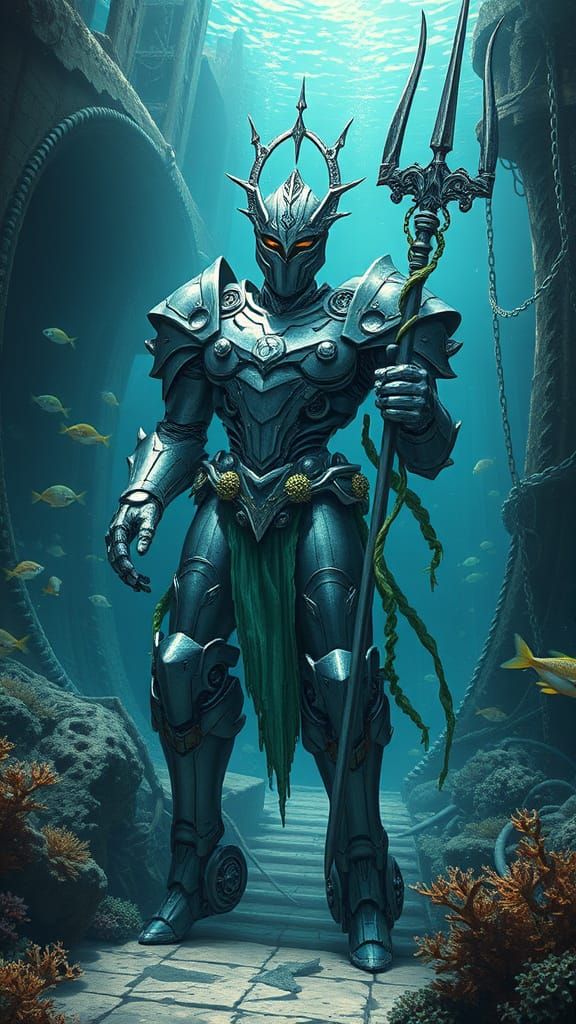 Aquatic Mech Knight Amidst Underwater Shipwreck Ruins
