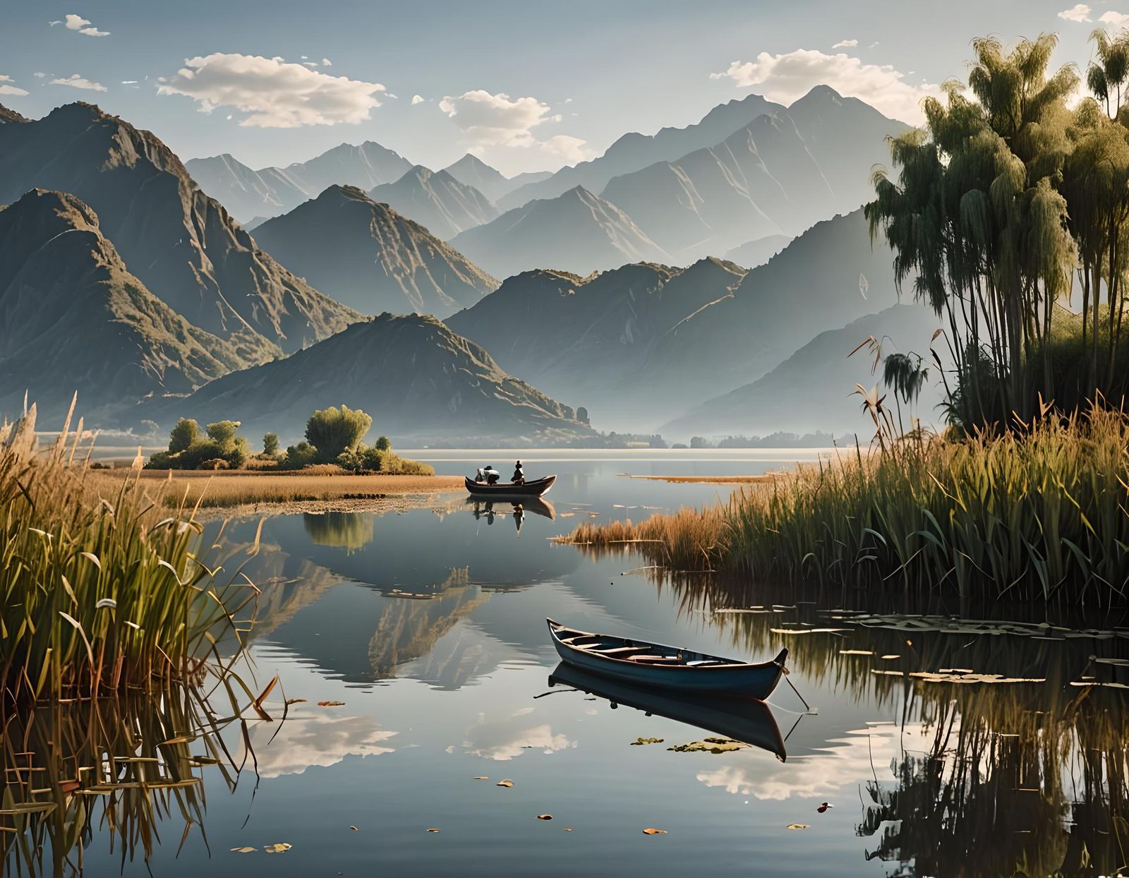 Peaceful Boat on Still Lake with Mountains
