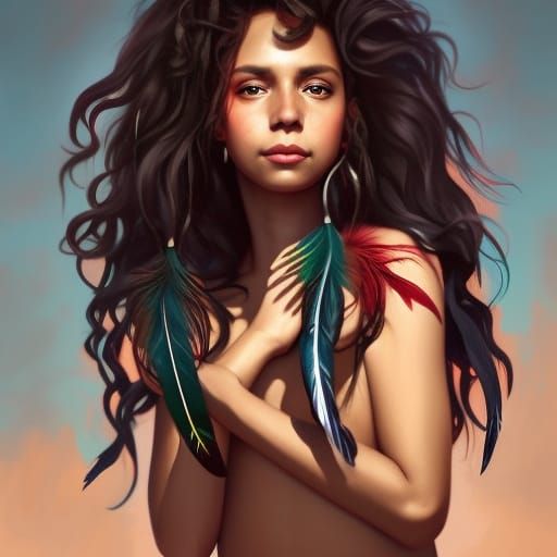 Native American Woman Portrait with Red Aura