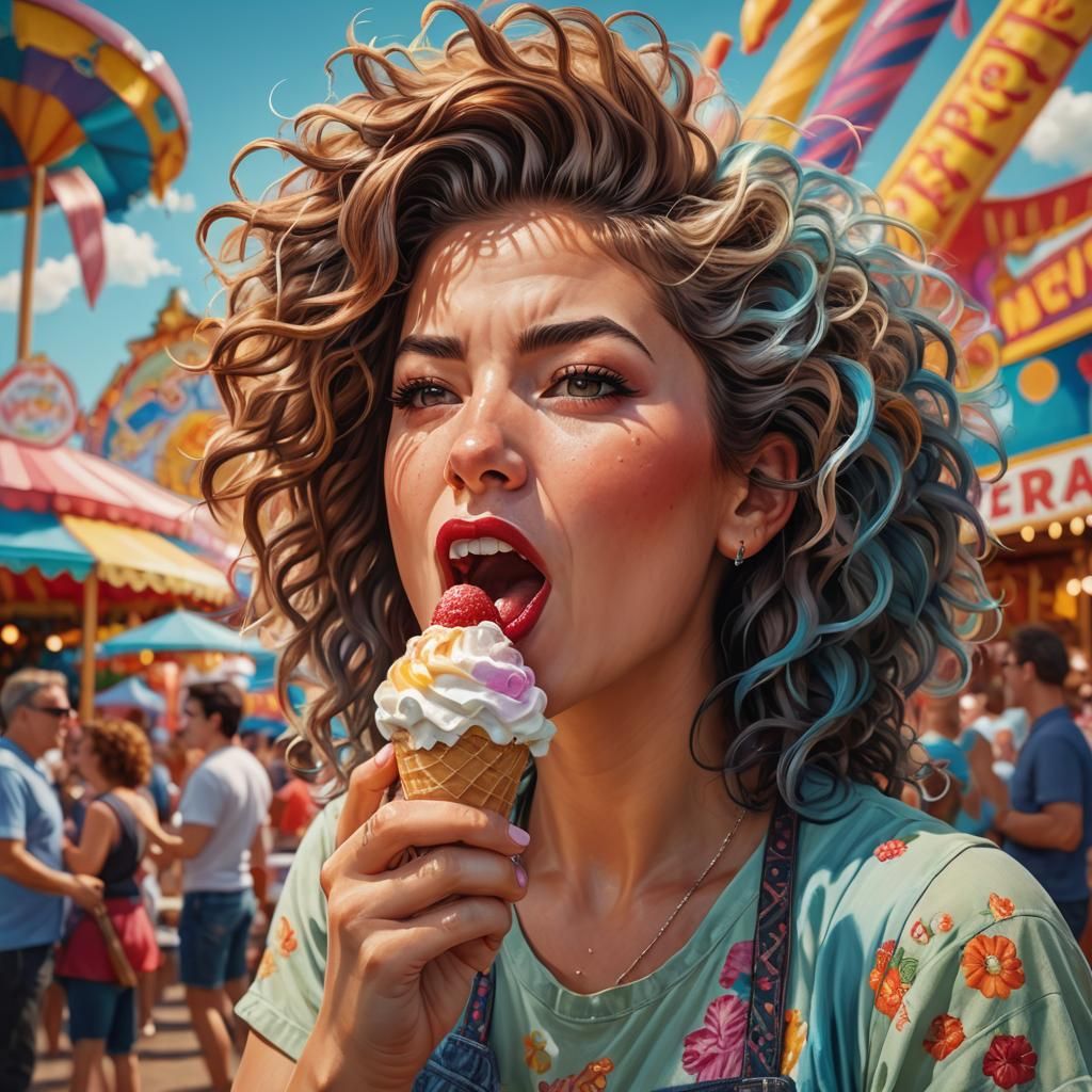 Quirky Woman Enjoys Ice Cream: Hyperrealistic Splash Art